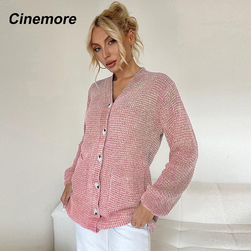 Cinemore Весенне-осенний женский свитер однотонный свободный повседневный открытый карман теплый базовый топ с длинными рукавами и круглым вырезом трикотажная карточка