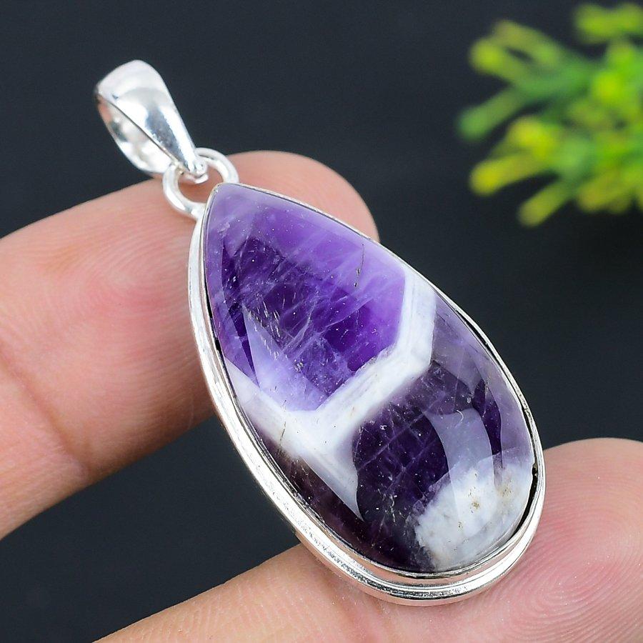 Chevron Amethyst Gemstone 925 Sterling Silver Jewelry Pendant 1.89" M4w64