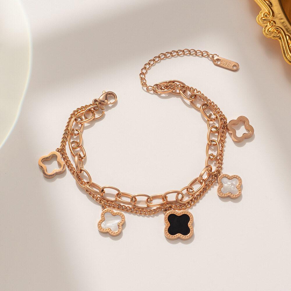 Темпераментный двусторонний браслет из нержавеющей стали, черный/цвет ракушки, четырехлистный клевер, элегантный браслет из розового золота