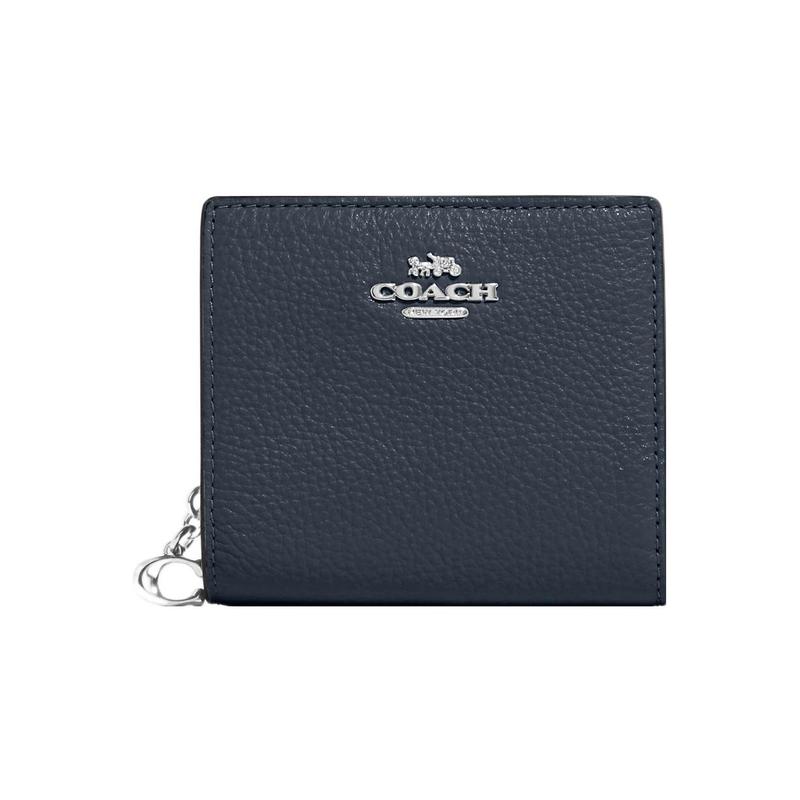 COACH Snap Wallet 11 Silver Logo Snap Pebbled Leather Wallet Women's Navy