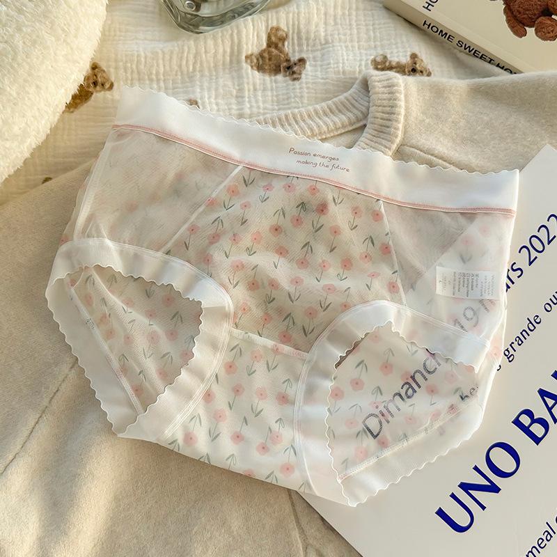 Women Fashion Sexy Lace Sheer Mesh Mid Waist Briefs Underwear