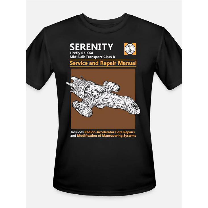 Serenity-5544 Firefly Spaceship Technical Blueprint Graphic T-Shirt - Vintage Brown Spaceship Design on Black, Radiation-Core Repairs & Modification