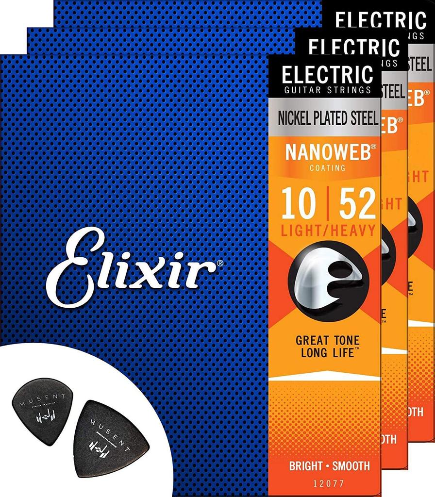 Струны для электрогитары Elixir, 3 комплекта, легкие, тяжелые струны с покрытием Nanoweb, медиаторы Musent, 2 шт., пробный набор 010-052 + 12077-3P