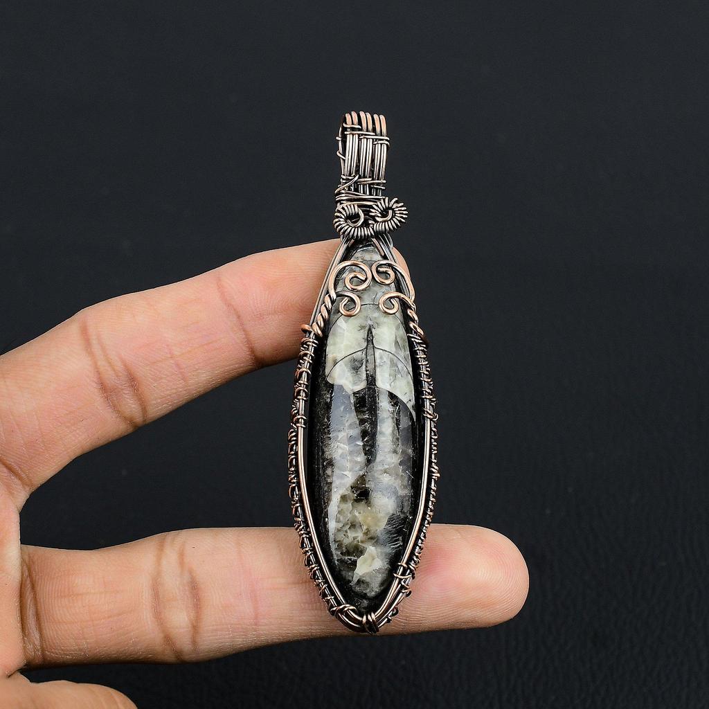 Orthoceras Fossil Jewelry, 999 Copper Wire Wrapped Pendant Handmade Gemstone Jewelry, Gifts For Wedding Pendant