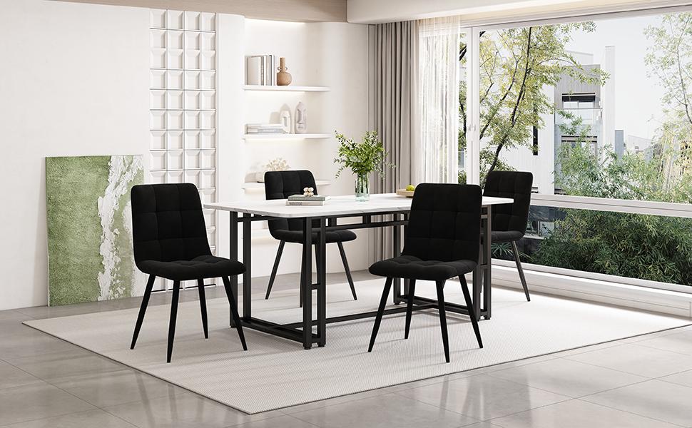 140x80cm Black Dining Table with 4 Chairs Set, Modern Kitchen Dining Table Set, Black Velvet Dining Chairs, Black Iron Leg Table