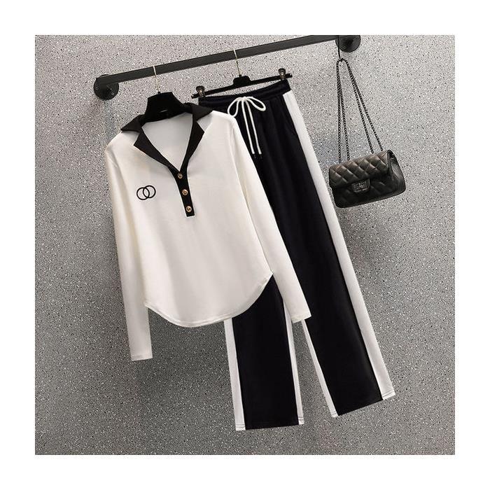 Осенняя рубашка с длинными рукавами и воротником-поло, повседневные широкие брюки в стиле пэчворк, комплект из двух предметов для женщин