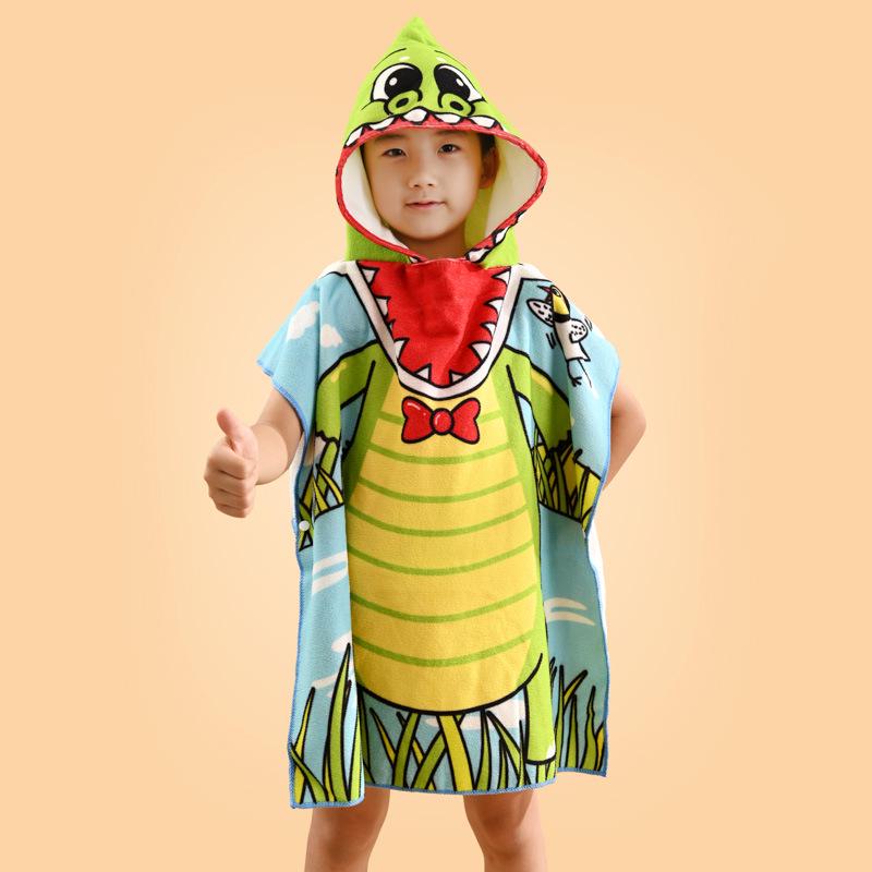 Dinosaur Cartoon Hooded Bath Towel: Absorbent Cotton Poncho for Kids' Summer Swimming