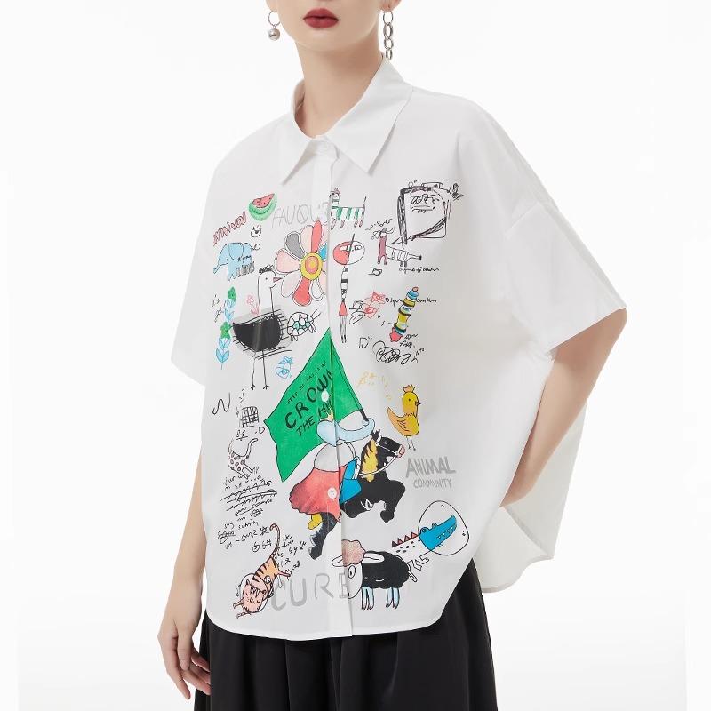 DIMANAF 2024 Плюс Размер Новая Летняя Стильная Блузка Винтаж Ретро Дизайн С Коротким Рукавом Красочный Принт Повседневная Рубашка Женская Свободная Рубашка Рубашка С Принтом