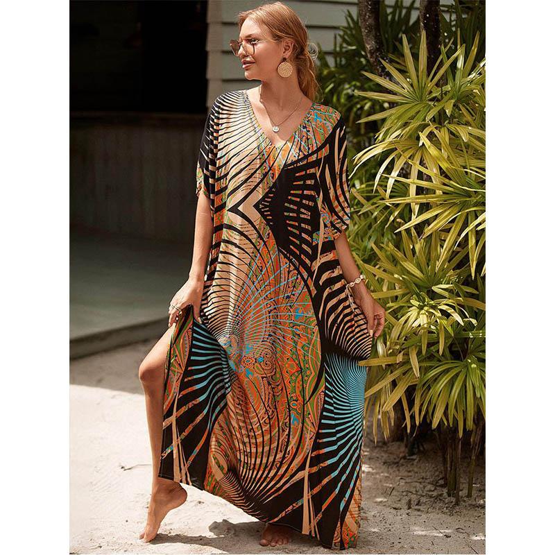 Printed Turkish Robe Bat Sleeve Summer Tunic Plus Size Swimwear Cover Up For Women's Swimwear Blue Kaftan Dresses