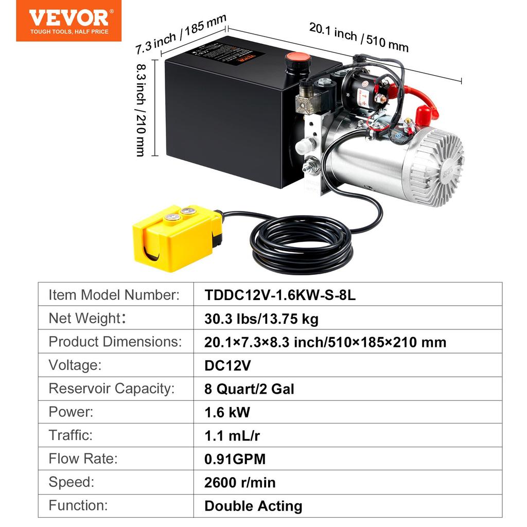 VEVOR Hydraulic Pump, 8 Quart Hydraulic Power Unit, Double Acting Dump Trailer Pump, 0.91 GPM Flow Rate, 3200 PSI Max Relief Pressure