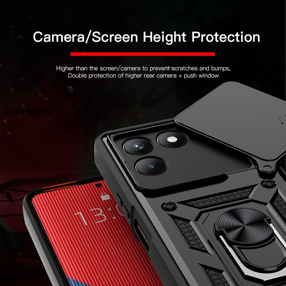 KEYSION Противоударный бронированный чехол для TECNO POVA 7 4G со сдвижной защитой объектива камеры, металлической кольцевой подставкой, задней крышкой для телефона для TECNO Pova7