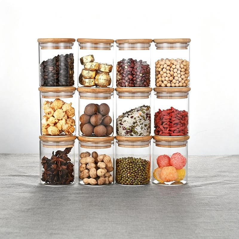 12Pcs Glass Spice Jars With Bamboo Lid,8Oz Airtight Spice Containers With Black Labels,Empty Seasoning Jars For Spice Salt Sugar