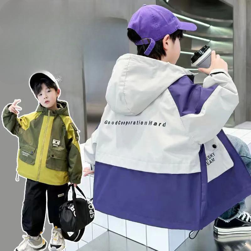 Куртки для мальчиков, весенние и осенние детские куртки, корейская мода, красивые ветровки с капюшоном для больших детей