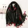 Vintage Ethnic Scarf Women's Black Big Flower with Sequined Fringed Scarf Shawl,Perfect for Spring & Summer Outings, Breathable & Stylish Accessory