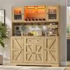 Tall Kitchen Cabinet with LED Lighting and Sockets, Pantry Cabinet with Acrylic Glass Doors, Wine Racks and Wine Glass Holders, 140 × 40 × 173 cm