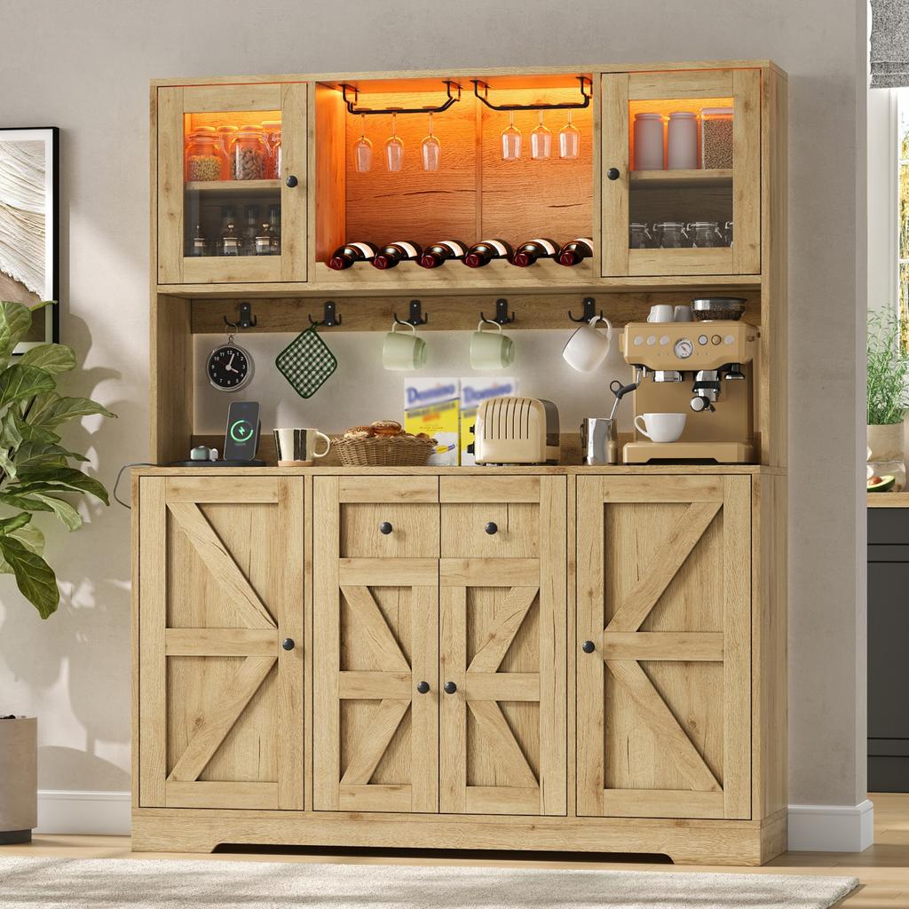 Tall Kitchen Cabinet with LED Lighting and Sockets, Pantry Cabinet with Acrylic Glass Doors, Wine Racks and Wine Glass Holders, 140 × 40 × 173 cm