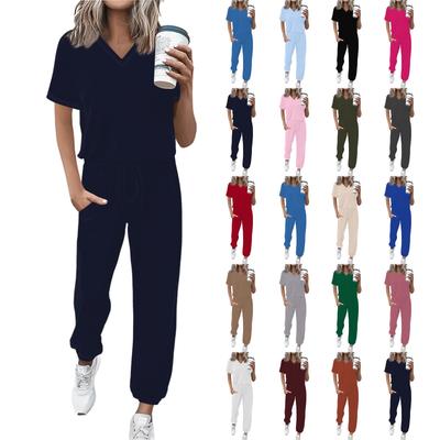 Женский спортивный костюм для бега с V-образным вырезом, однотонный, с коротким рукавом, свободные брюки, спортивный костюм с поясом