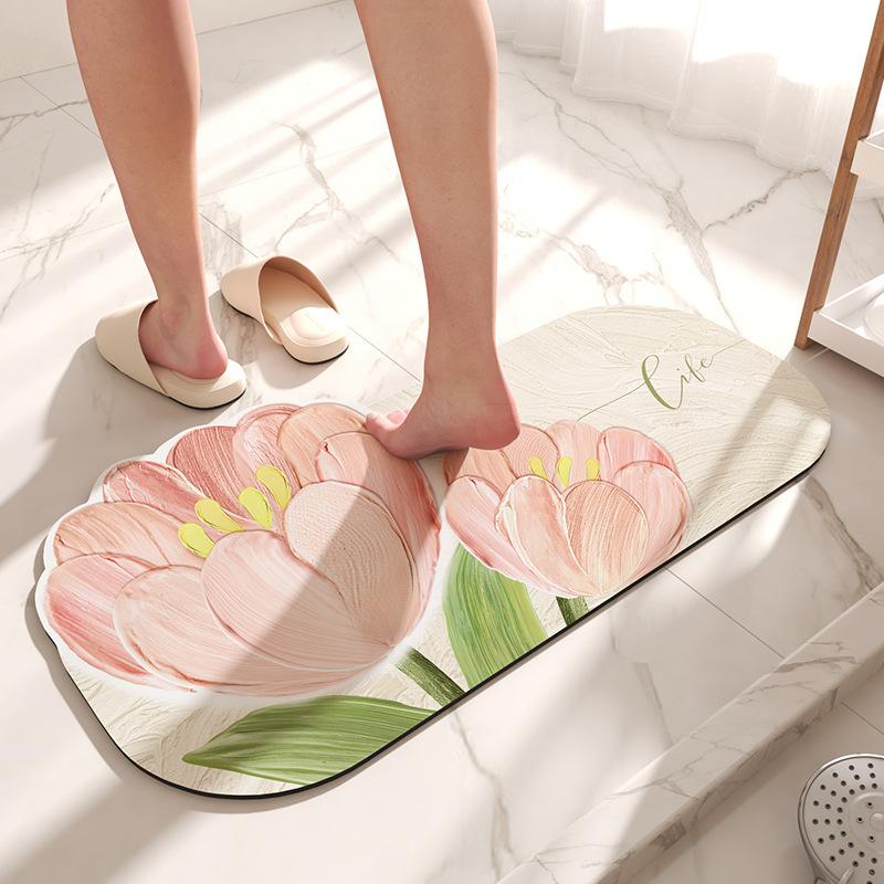 Pink Tulip Diatomaceous Earth Rugs White Floral Bathroom Rug Quick Dry Bath Mat Super Absorbent Washable Rugs Non Slip Area Rug