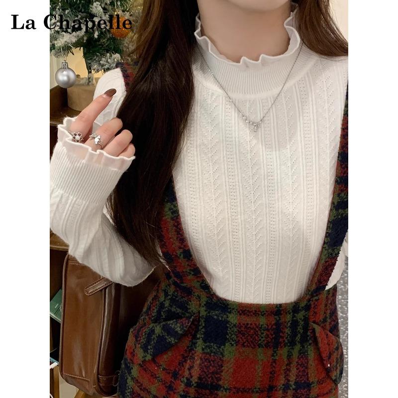 White Semi-turtleneck Fungus Edge Bottoming Shirt Women's Spring and Autumn Sweater with Long-sleeved Lace Knitted Top