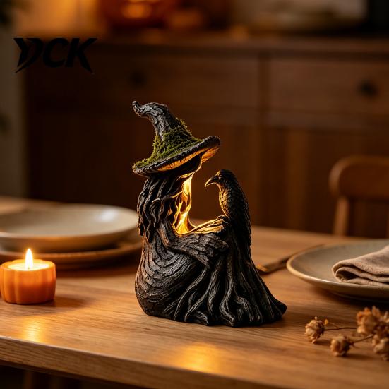 Handmade Dark Fantasy Figurine Luminous Witch & Raven with Mossy Tree Texture, Resin Gothic Halloween Garden Decor Statue LED Light for Home