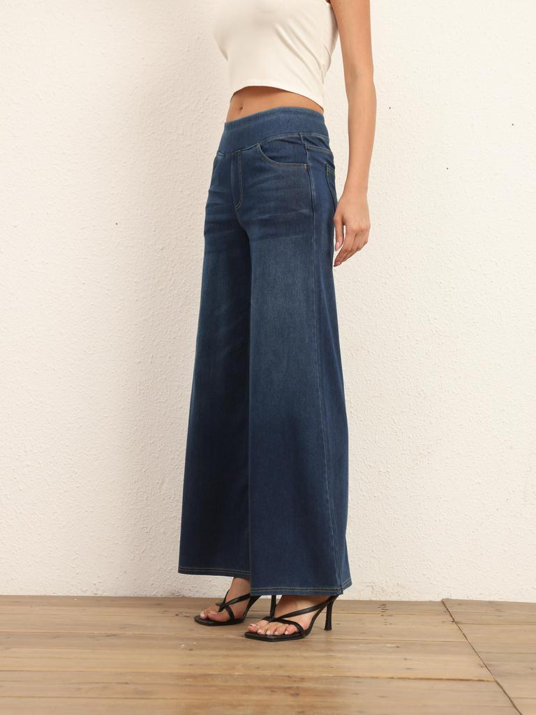 Shascullfites Джинсы со средней талией и широкими штанинами для женщин, эластичные темно-синие джинсы, повседневные брюки свободной посадки с карманами