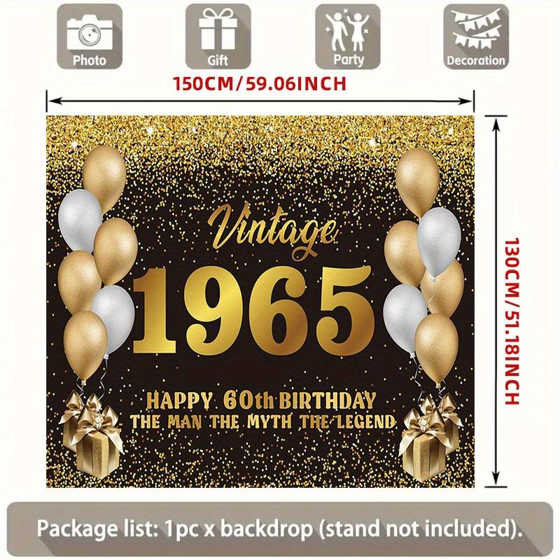 1 vintage 1965 birthday banner - black and gold glitter "Happy 60th Birthday" party background, birthday party decoration