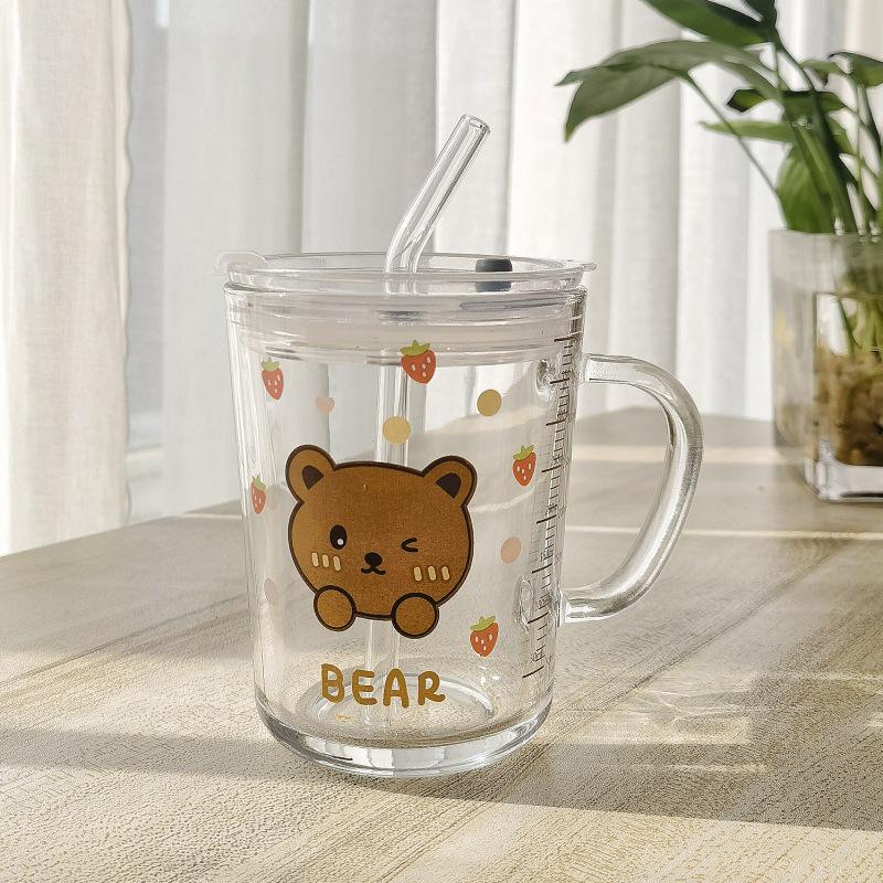 Милая мультяшная стеклянная чашка для молока с крышкой и ложкой, персонализированный подарок.