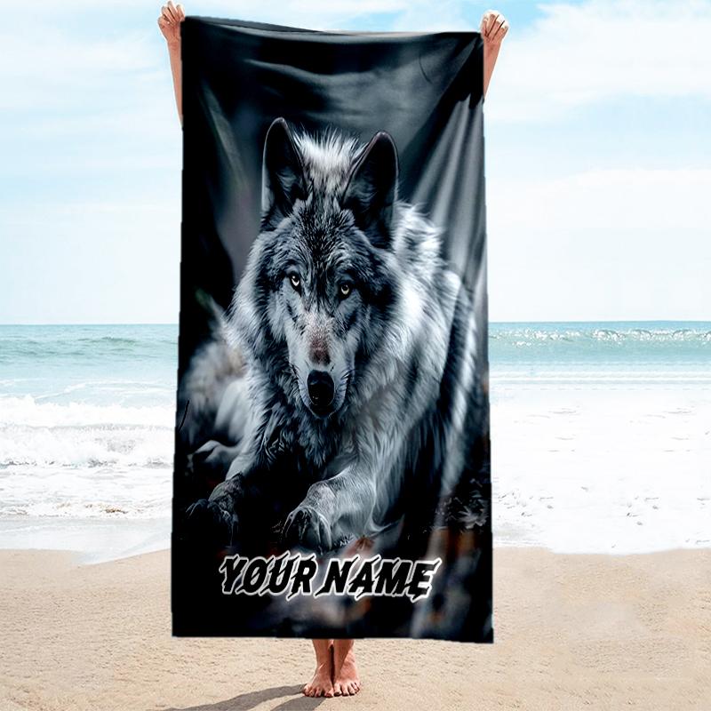 1PC Custom Name Wolf's Majestic Presence Beach Towel Highly Absorbent And Sand-Resistant Towel for Swimming, Pool, Yoga, And Travel Lightweight