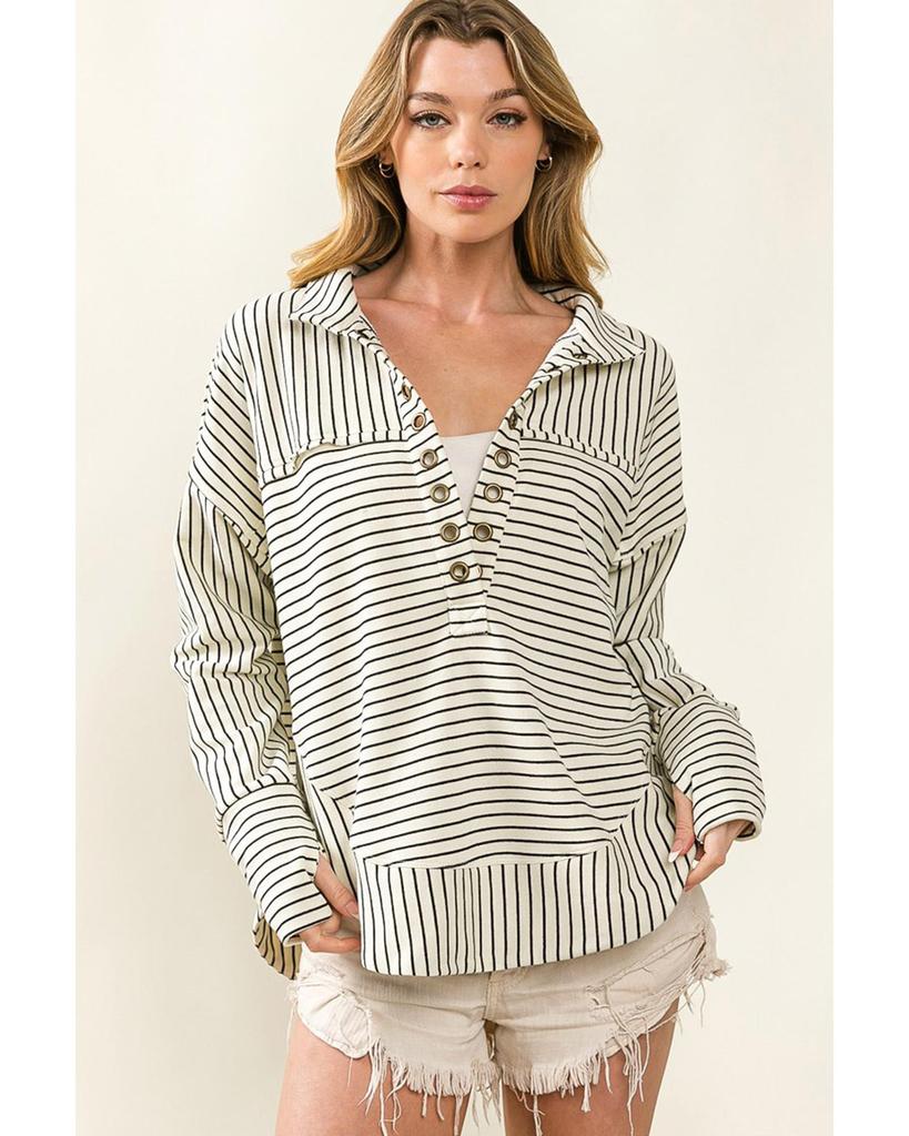 Azura Exchange Striped Thumbhole Drop Shoulder V Neck Top