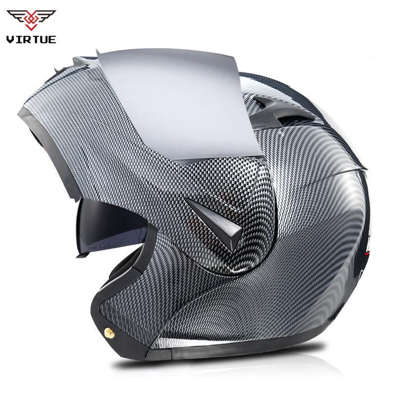 VIRTUE Full Face Motorcycle Helmet With Dual Lens Carbon Fiber Style Decal ABS Shell Flip-Up Design Adult Riders