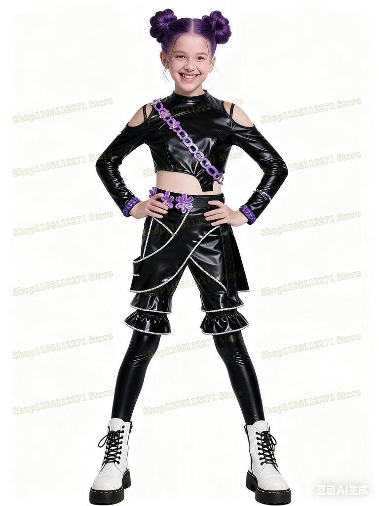 Kpop Охотники на демонов Руми Косплей Костюм Парик Черный Кожаный Боевой Костюм Взрослый Женский Плащ Брюки Ремень Перчатки Хэллоуин Вечеринка