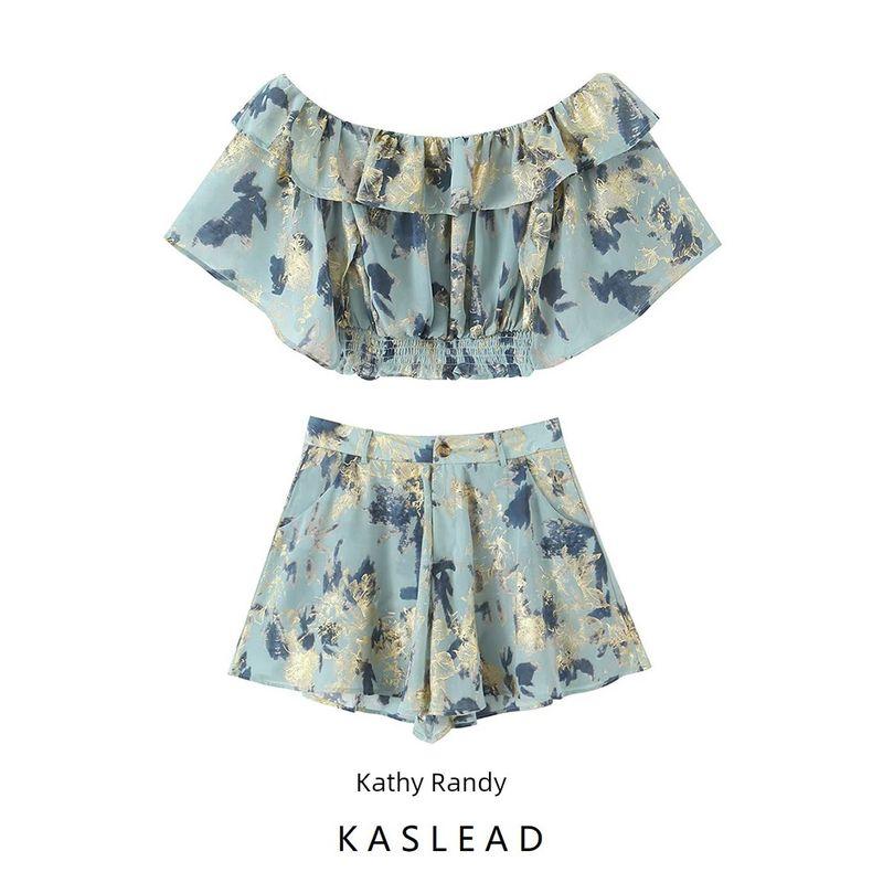 Kaslead New Women Clothes Western Style Fashion Simple Chiffon Gilding off-Shoulder Shorts Set