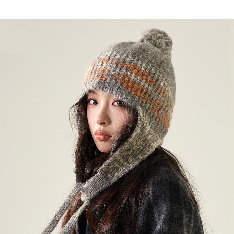 Осенне-зимняя шапка с защитой ушей, вязаная, женская, этнический стиль, теплая шерстяная шапка