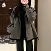 Women's Gray Patchwork Wool Coat with Stand-Up Collar - College Style Cardigan