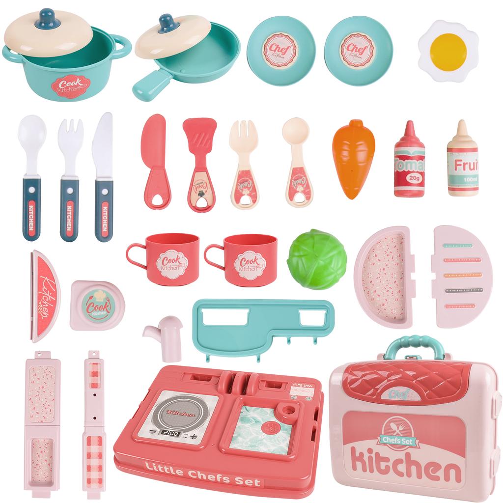 30 шт. кухонный набор игрушек для ролевых игр с чемоданом для хранения, кухонная утварь, столовые приборы, имитация фруктов, овощей, аксессуары