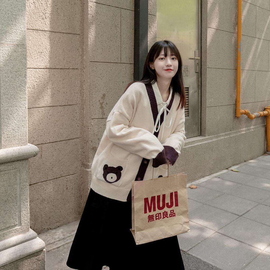 Кардиган с принтом медведя в японском стиле, женский свитер JK с v-образным вырезом, большой вязаный джемпер, женский модный кавайный джемпер в консервативном стиле