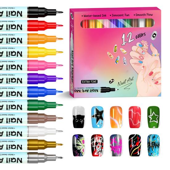 12/24 Colors Nail Art Pen Set Quick Dry Graffiti Nail Art Markers Fine Tip Waterproof Polish Pens Drawing Painting Liner Brush for DIY Nail Art Tool