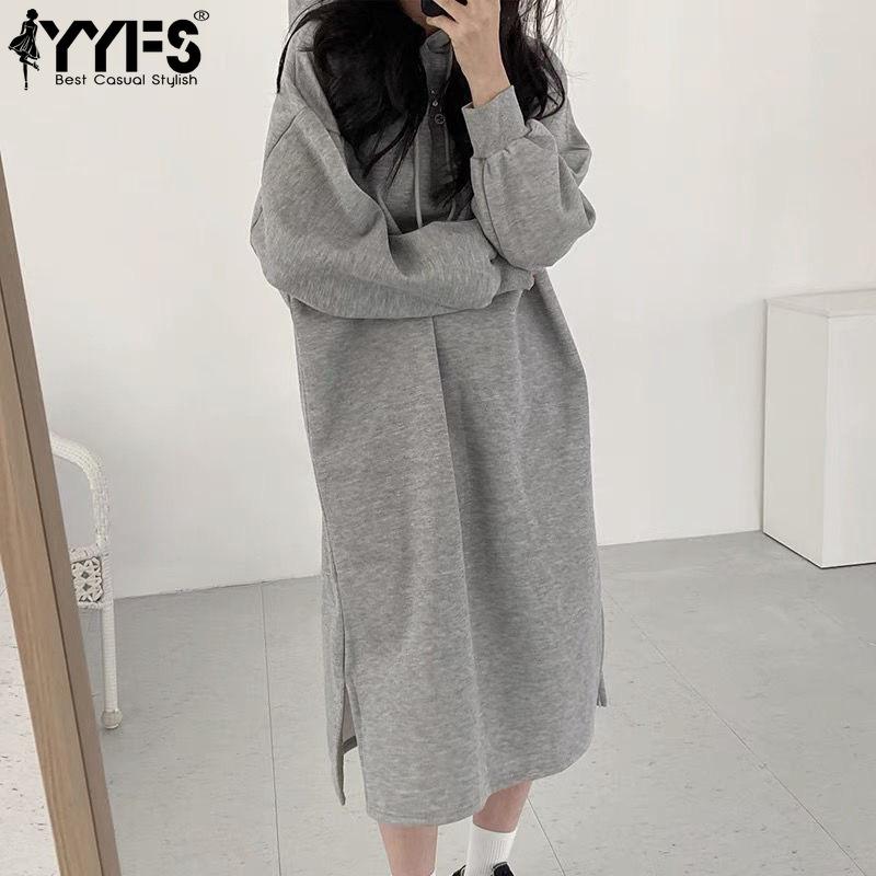 YYFS Женская мода Осень Зима Однотонный Принт Длинный Рукав Капюшон Свободная Талия Повседневные Платья