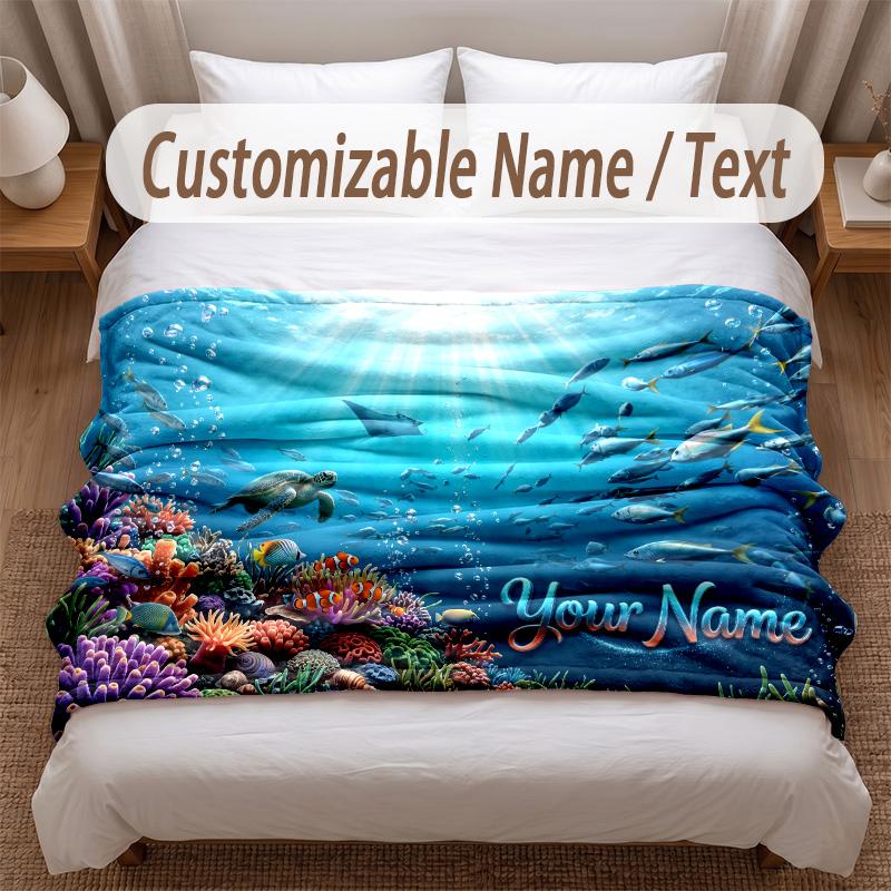 Fish Ocean Theme Soft Blanket Personalized Custom Name Text Print Warm Blanket Home Sofa Bedroom Decor