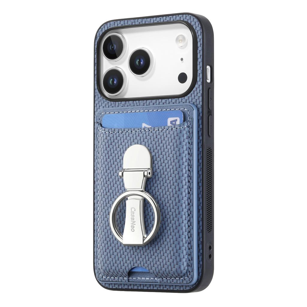 For iPhone 17 Pro Leather Phone Back Cover with Kickstand and Card Slots Carbon Fiber Texture
