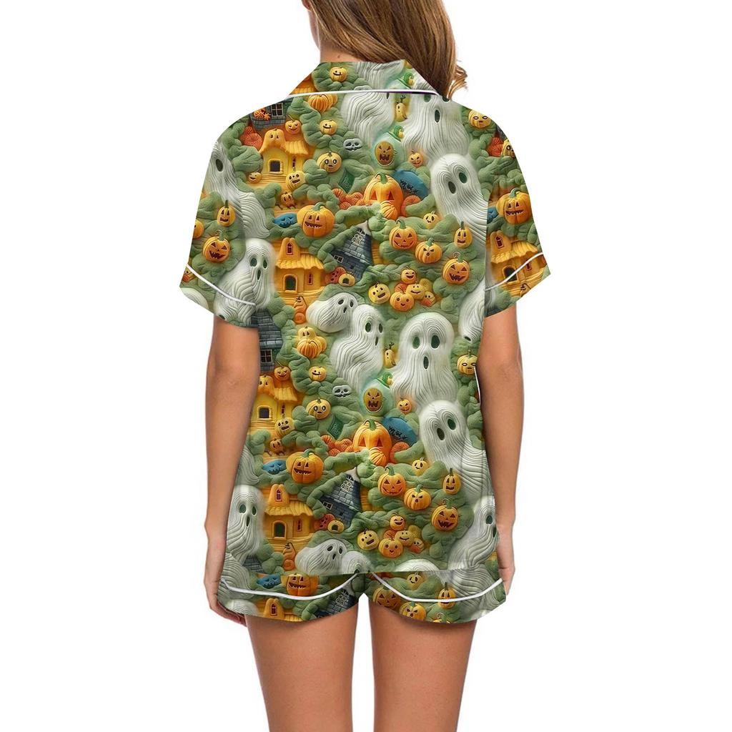 Женский повседневный модный домашний костюм с принтом на Хэллоуин, с коротким рукавом