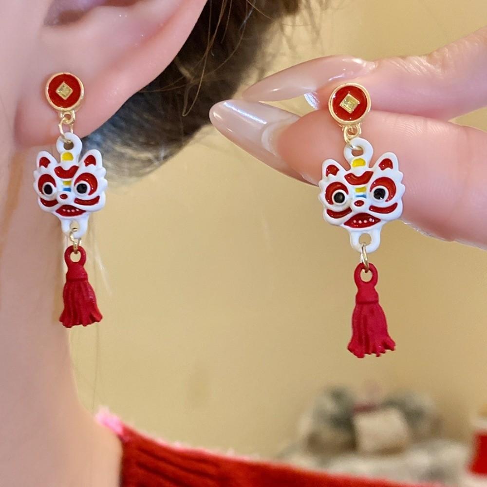 Year of Horse Tassel Lion Dance Earrings Awakened Lion Drop Earrings Lion Dance Ear Studs Girl