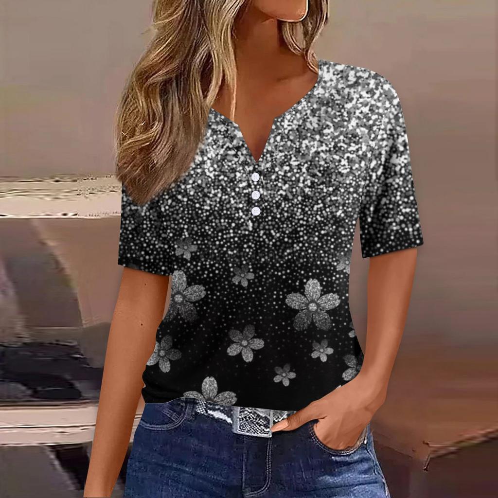 Women's T Shirt Tee Print Button Short Sleeve Daily Weekend Fashion Basic V- Neck Regular Top