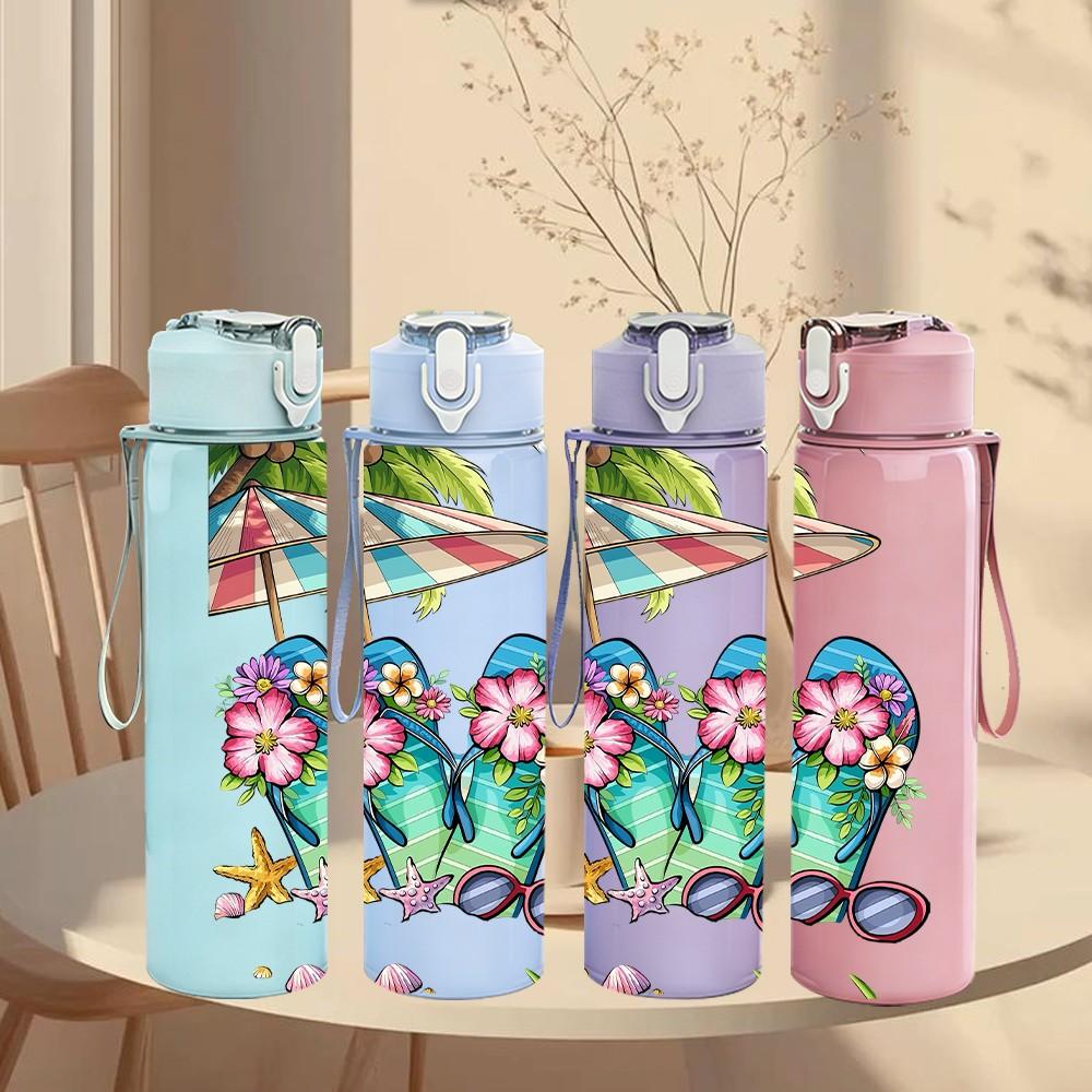 1PC Flip Flop Tropical Summer Print 750ml Color Plastic Sports Water Bottle Leakproof Flip Straw Lid Suitable for Sports Office Home Use