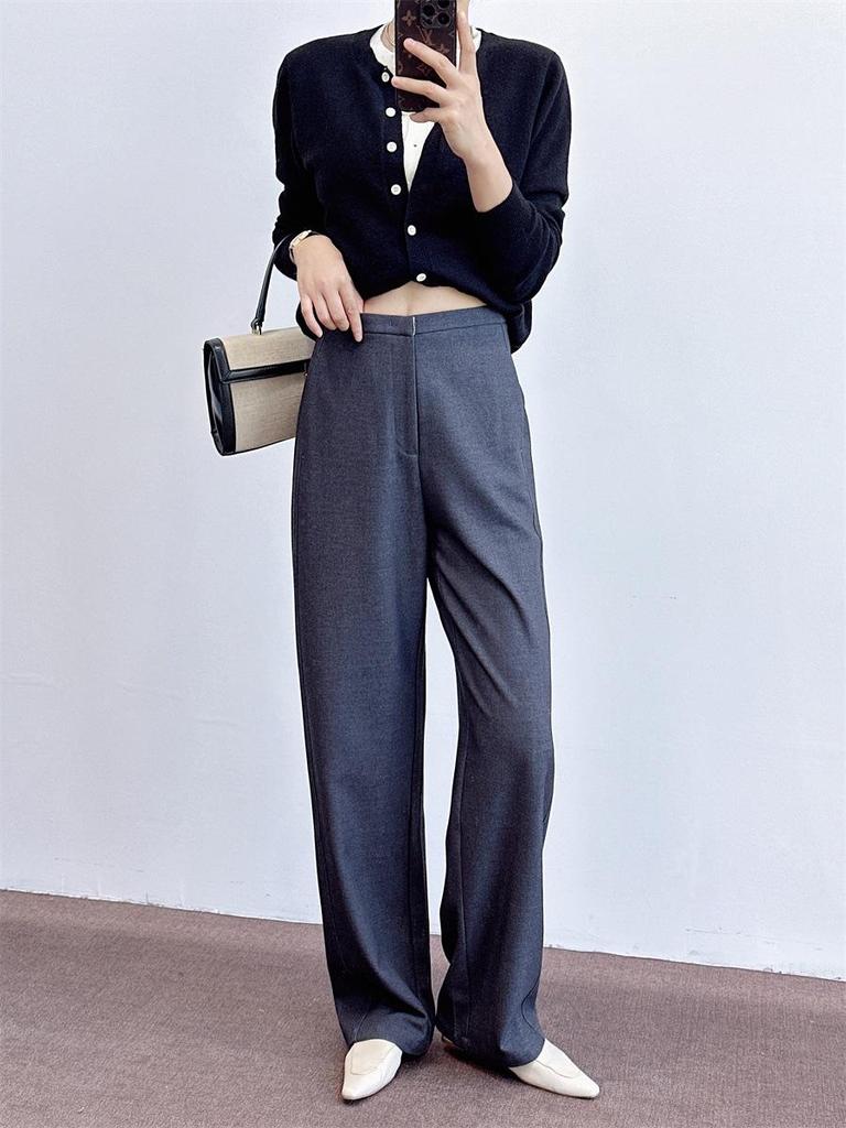 Ladies' Luxury Wool-Blend Wide-Leg Trousers: Elegant Old Money Style for Spring, Autumn, and Winter