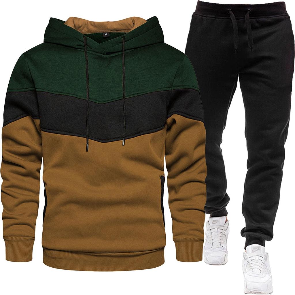 2024 Men's Fashion Spliced Hooded Sweatshirt & Long Pants Two-Piece Sports Suit for Autumn/Spring