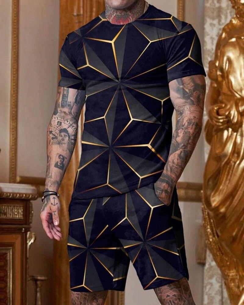 Male Casual Suit Fashion Summer Print T-shirt + Shorts 2 Piece Set O Neck Men's Sportswear Streetwear Tracksuit Men