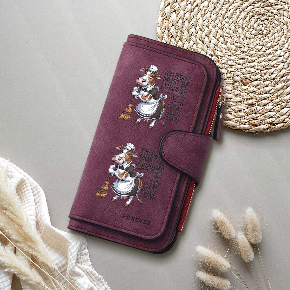 Cute Maid Cow Print Wallet Faux Leather Large Capacity Card Holder Purse