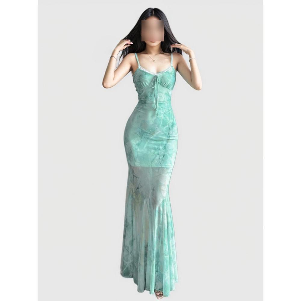 Ретро отпуск ветер пляж фото сетчатое платье на подтяжках весна и лето талия бедра облегающее рыбий хвост длинная юбка