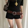 Vintage Leather Waistband Double-Row Hole Punk Style Belt Adjustable Women Wide Belt  Men